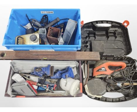 Three boxes of mixed hand and power tools, Black & Decker sander, spirit level, vices, etc.