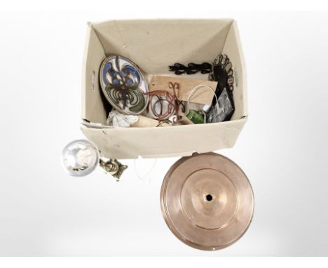 Miscellaneous items including lamp base, Scandinavian pottery bowl, copper light shade, rolling pin, quartz wall clock, etc. 