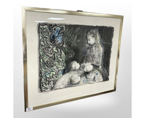 Danish school : Study of two children, lithograph with colour chalks, 71cm x 69cm, signed in pencil. 