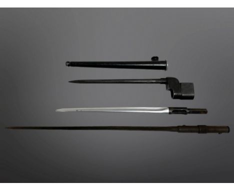 A Russian M 1944 folding bayonet, a French MAS M 1936 rod/spike bayonet, and a WW2 British No. 2 Mk II spike bayonet and scab