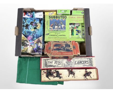 Several boxes of Subbuteo, a W Britain The 16th/5th The Queen's Lancers die-cast cavalrymen set in box, a LEGO set No. 70420,