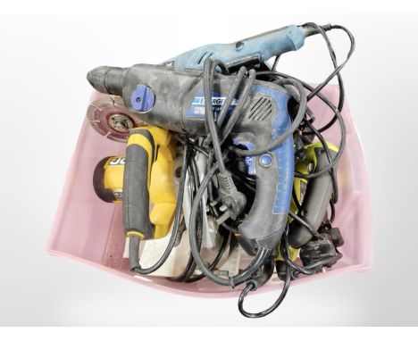 A plastic crate of assorted power tools including JCB circular saw, Workzone disc grinder, etc.