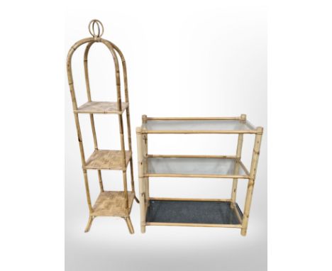A bamboo and glass three tier shelf together with similar what not stand 