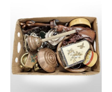 A quantity of treen and metal wares, poss stick, silver-plated wares, fruit bowl, trinket boxes, etc. (1 box)