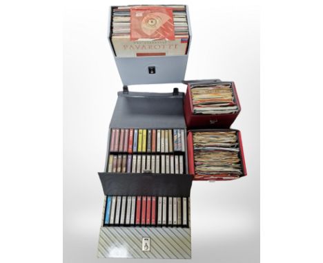 Five various cases of LP records, 45 singles, and cassette tapes including compilations, Michael Jackson, Whitney Houston, et