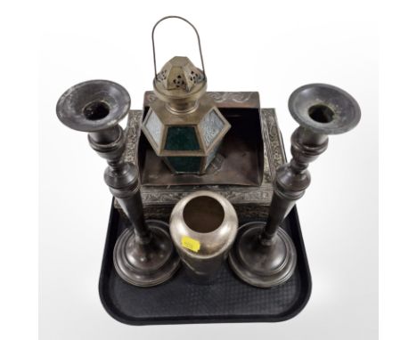 A group of metal wares including pair of 19th-century candlesticks, silver-plated vase, Eastern-style lantern, an embossed ti