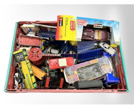 A group of mixed Meccano components, Burago Jaguar scale model vehicle, OO gauge rolling stock, model railway components. (1 