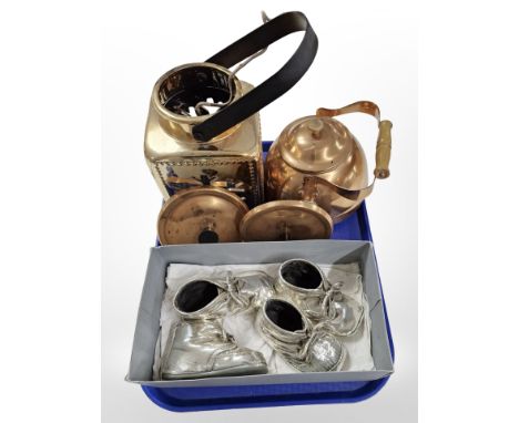 A copper-plated kettle, similar lantern, two pairs of silvered shoe ornaments, etc.