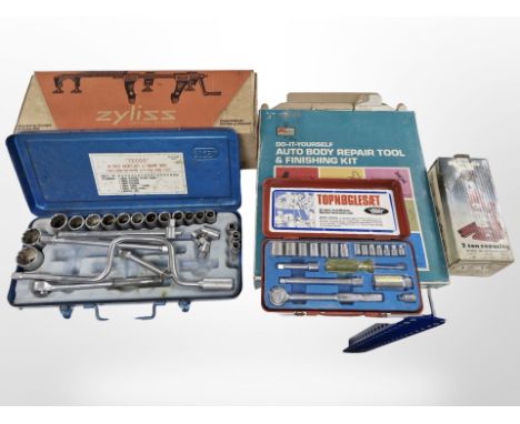 Several cases of tools, heavy duty hydraulic jack, auto body repair kit, etc.