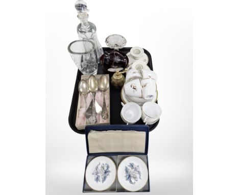 A Royal Copenhagen porcelain part tea set, boxed pair of Royal Worcester bone china pin dishes, silver-plated spoons, glass w