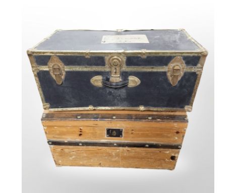 An early 20th century pine domed topped trunk and a further luggage trunk, width 79 cm 