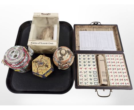 A Chinese mahjong set, together with a porcelain teapot, lidded baluster jar, and enamelled metal teapot and a Beneagles Scot