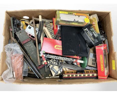 A quantity of tin-plate and Hornby OO gauge rolling stock, model railway buildings and components, track, etc. (1 box)