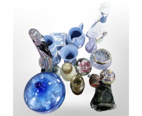 A group of Wedgwood blue and white Jasperware ceramics, studio glass bird, Caithness vase, Nao figure of a girl, small cloiso