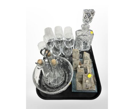A lead crystal decanter, set of 10 wine glasses, fruit bowl, small model of Venetian buildings, etc.