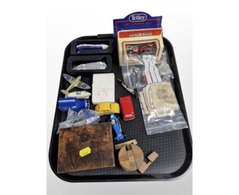 A group of die-cast cars including Corgi, bank notes, lighter, Victorian box, etc.