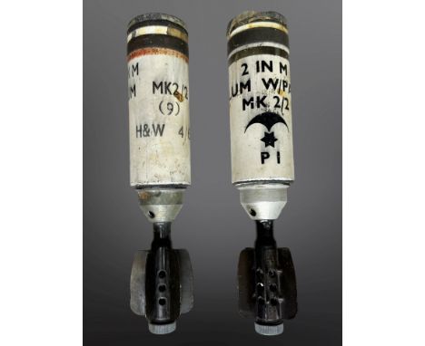 Two British Army 2" mortar rounds illuminating Mk 2/2, 1960s, height 25cm.