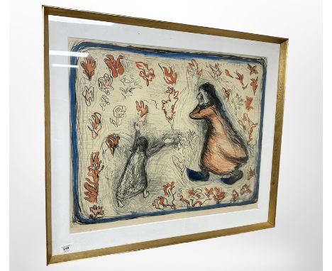 A continental lithograph with pastel depicting children, dated 1938, 68cm x 56cm.