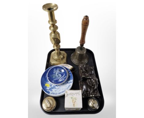 A large brass diamond-pattern candlestick, together with a vintage school bell, pair of carved ebony elephant bookends, two t