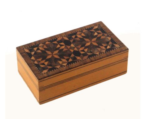 A small format Tunbridge ware sewing box, of rectangular form, the whitewood sides with black line decoration, the lift off l