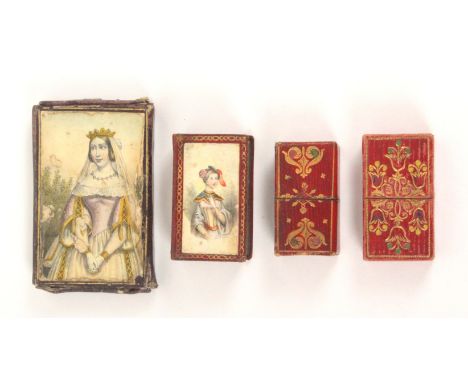 Four leather needle packet cases, comprising two rectangular examples with gilt tooling and colour onlays, a book form exampl