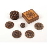 Tunbridge ware - seven pieces, comprising a stick ware rib turned circular box with screw cover, 3.