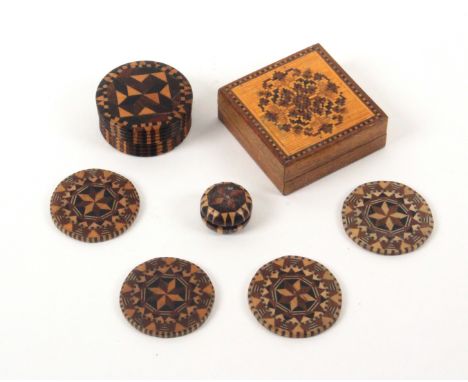 Tunbridge ware - seven pieces, comprising a stick ware rib turned circular box with screw cover, 3.7cms, a Tangram puzzle in 