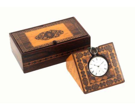 Tunbridge ware - two pieces, comprising a burr maple slanting form watch stand, the circular recess within a panel of cube wo