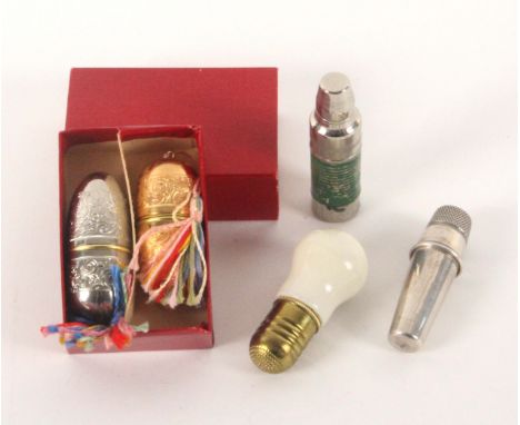 Five thimble compendiums, including an example stamped Ò800' complete with internal multiple reel and needle case, 5.2cms, tw