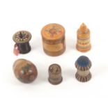 Four painted Tunbridge type pieces and two Tunbridge ware pieces, comprising a cylinder turned box