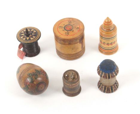Four painted Tunbridge type pieces and two Tunbridge ware pieces, comprising a cylinder turned box with beehive finial, line 