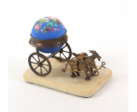 A French goat cart etui for a child, circa 1860, the alabaster rectangular base supporting two gilt metal harnessed goats pul