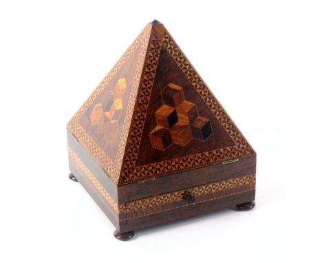 A rare rosewood Tunbridge ware sewing box in the form of a pyramid, the box based raised on four bun feet and fitted with a d