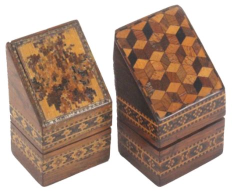 Two larger format Tunbridge ware slant top needle packet boxes, comprising a rosewood example the slant top with a panel of c