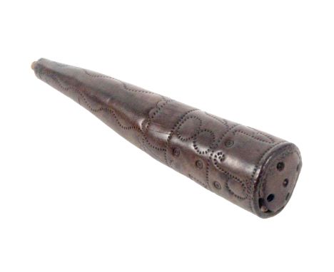 An unusual leather knitting stick, probably Dutch, of tapering cylinder form, punch decorated with the initials and date 'APW