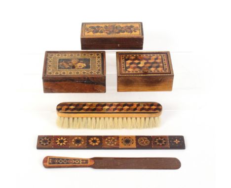 Tunbridge ware - six pieces, comprising three rectangular boxes, one with cube work pin hinge lid, 8.7cms, another with inset