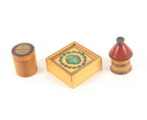 Three early Tunbridge ware small boxes, comprising a turned and painted cottage form thimble box, 4.4cms high, a cylinder box