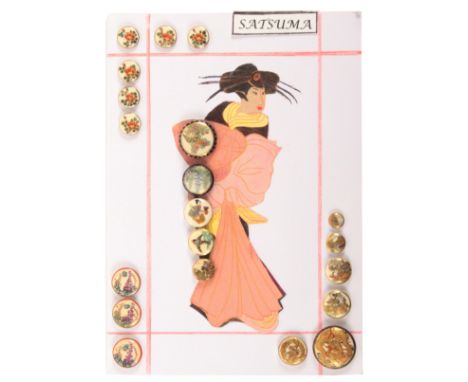 A display of twenty Japanese Satsuma ceramic buttons, including a set of six and a set of three, floral, birds, figural, land