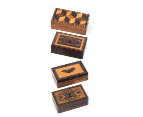 Four small Tunbridge ware rectangular boxes, comprising three with inset lids one with a mosaic panel of a butterfly set in w