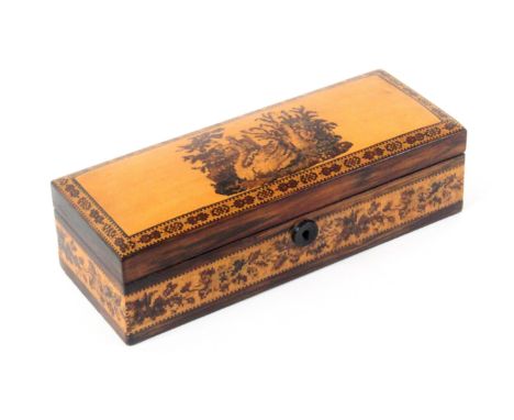 A Tunbridge ware rosewood box, of rectangular form, the hinged cushion form lid with an inset mosaic panel of a swan amid bus