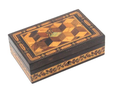 A Tunbridge ware coromandel wood small jewellery box labelled for Thomas Barton, of rectangular form the lid with a cube work