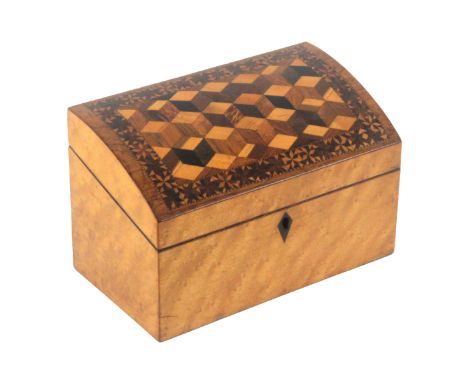 A Tunbridge ware stationery box, by Wm. Upton, the curved lid with a panel of cube ware within a stick ware border, the sides