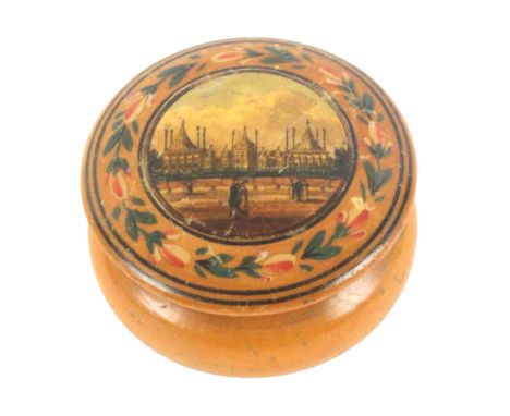An early Tunbridge ware print and paint decorated circular box of bulbous form, the domed lid with colour print of Brighton P