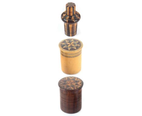 Tunbridge ware - three pieces, comprising a stick ware bottle case complete with bottle and stopper, 4.5cms, a rib turned ros