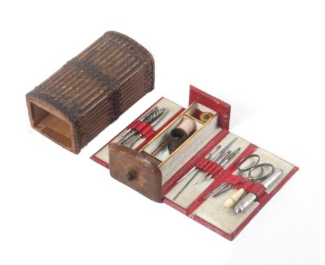 A French leather sewing box for a child in the form of a dome top travelling trunk, circa 1870, one end fitted with a drawer 