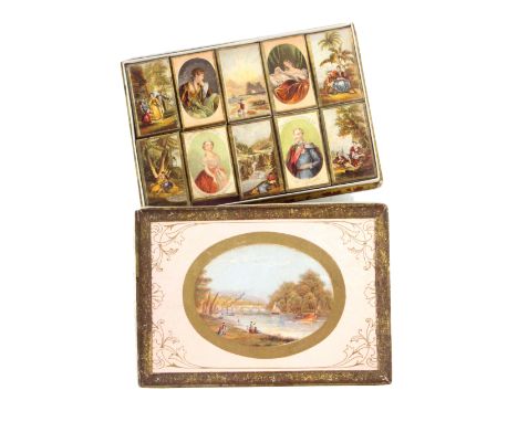 A set of ten colour print decorated Baxter needle packet boxes complete with outer box, the latter with oval river print of R