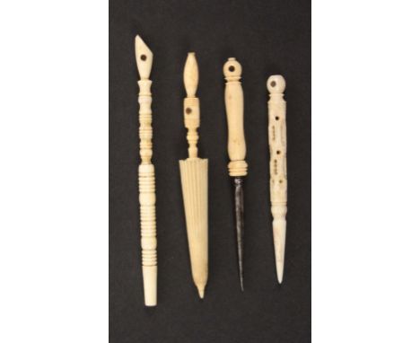 Four bone sewing tools incorporating Stanhopes, comprising a pierced handle stiletto (A Memory of Matlock Bath - six views), 