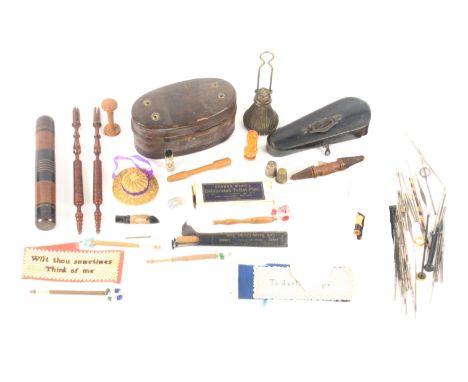 A mixed lot - sewing, including a selection of bone tools including shuttles, wooden cylinder needle case, 19.5cms, another c