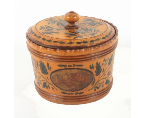 An early Tunbridge ware print and paint decorated white wood circular box and cover, the side painted with trailing leaves an