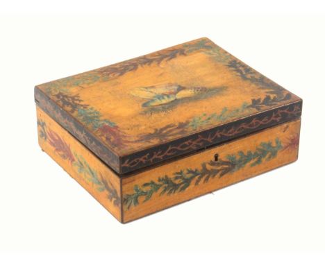 An early Victorian white wood paint box, of rectangular form, the lid painted with three sea shells within a border of colour